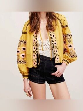 Free People Mustard Embroidered Balloon-Sleeve Blouse